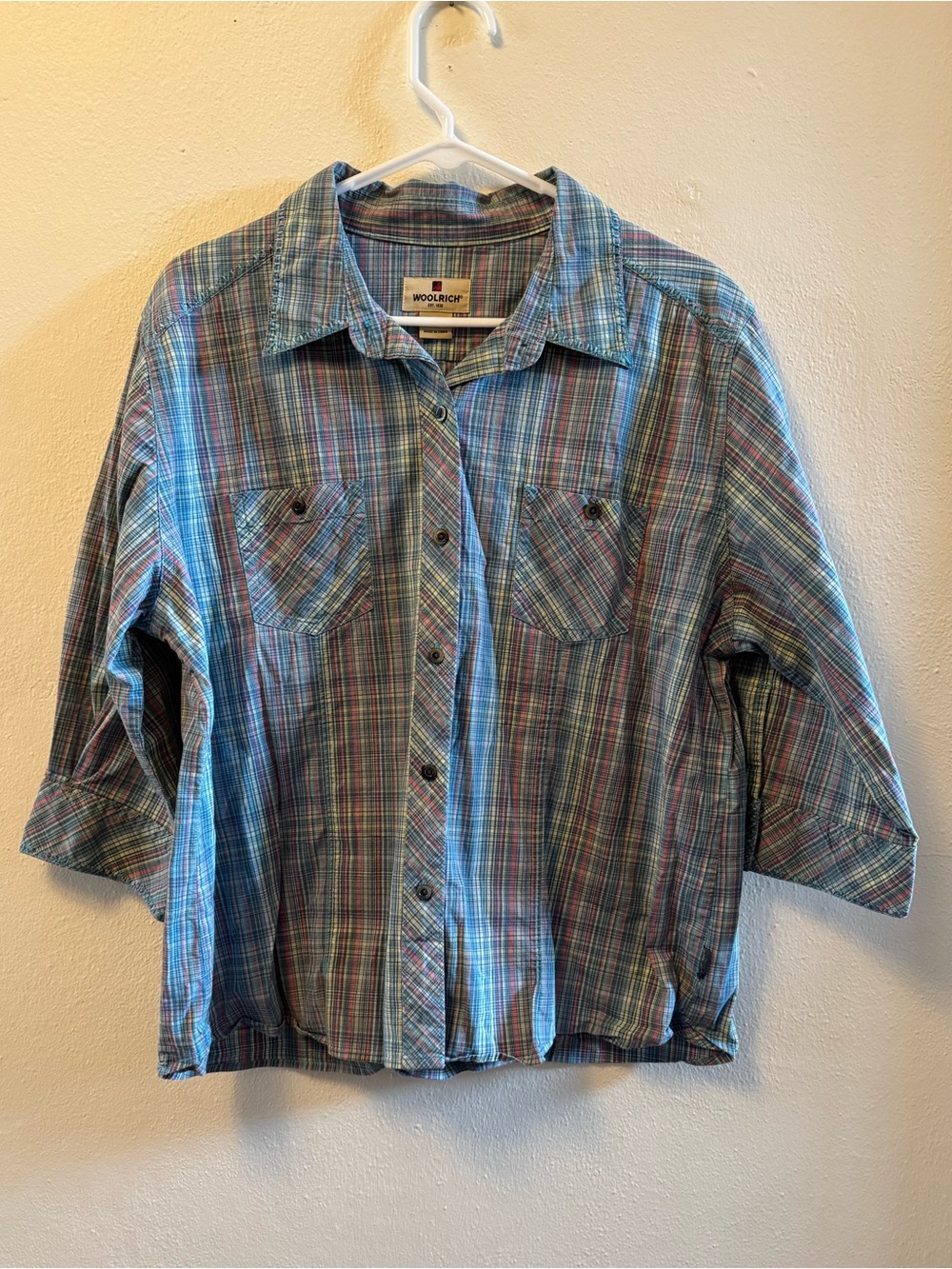 Woolrich Pastel Plaid Button Down Shirt Blouse Cottagecore Gingham 3/4 Sleeve XL